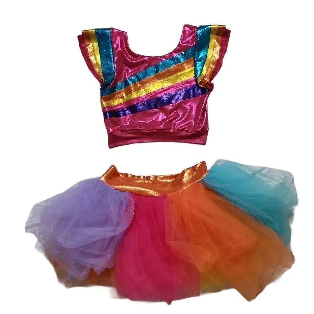 Girls Size 10 Metallic Rainbow Two Piece Crop Top Tulle Skirt Costume